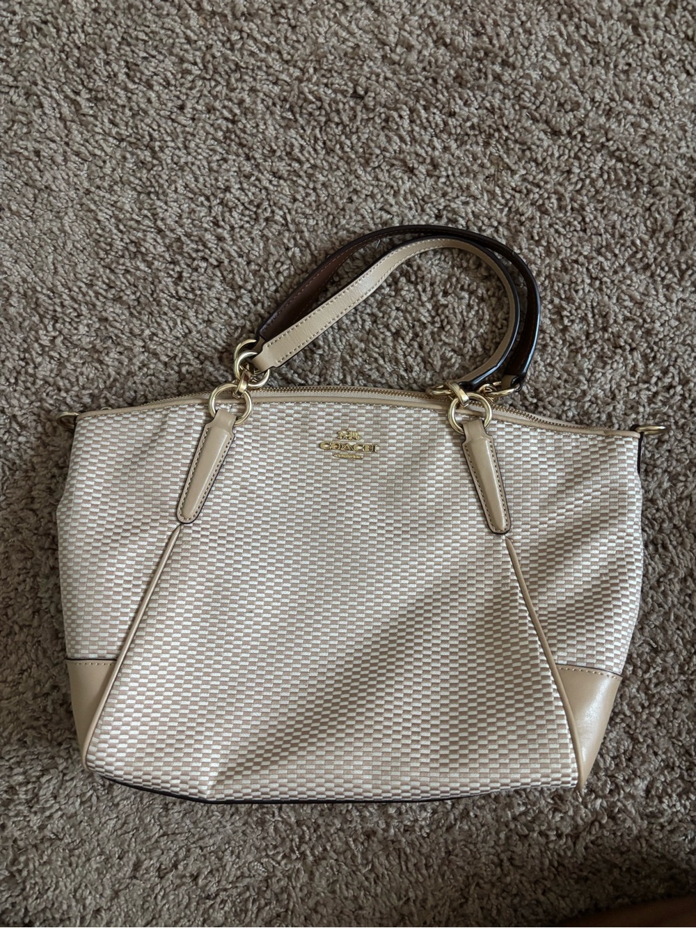 Coach Cream Woven Shoulder Tote with Dark Brown Handles